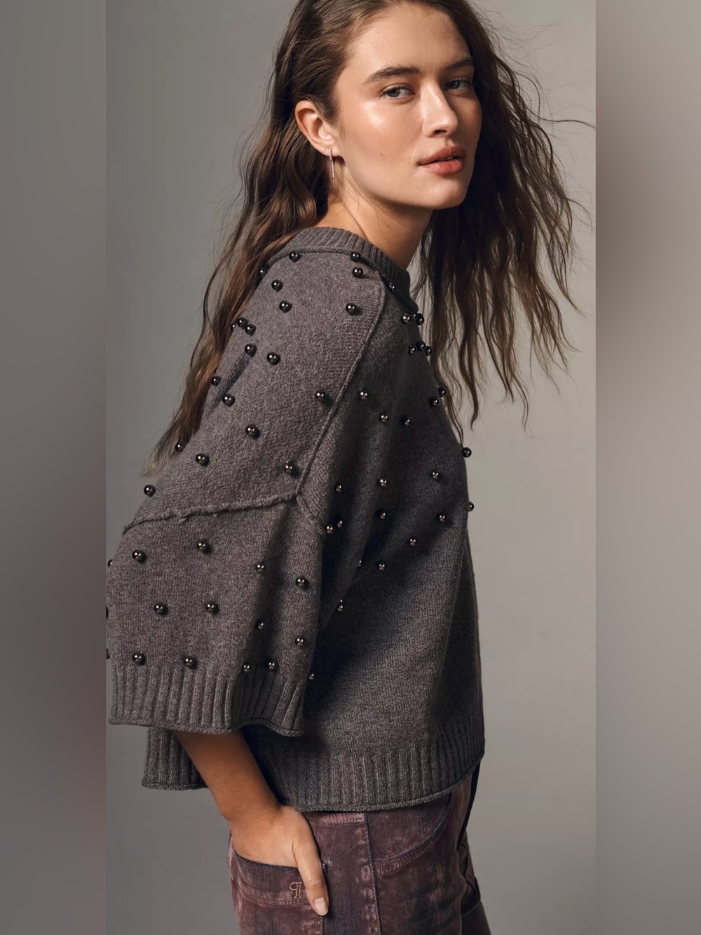 Anthropologie Long Sleeve Studded Crew Neck Sweater Size XS